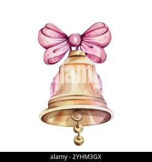 Aquarell weihnachtsklingeln goldene Glocke mit Schleife, isoliert. Handgezeichnet zurück zur Schule Illustration Stock Vektor