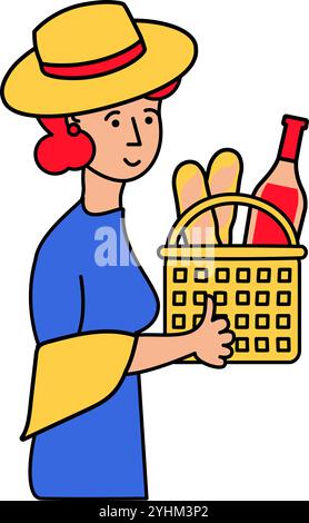 Vektor-Illustration einer französischen Frau, die mit einem Korb mit Nahrung im Umrisscartoon-Stil geht. Eine exquisite Weinkultur, das Wein- und Brotfest i Stock Vektor