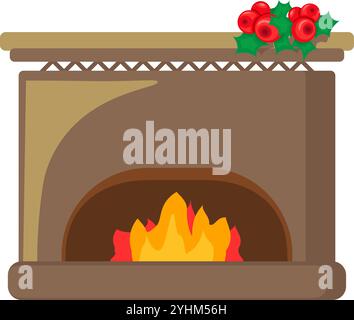 Urlaub gemütliches Haus Kamin dekoriert mit einem Zweig von roten Beeren mit brennender gemütlicher Flamme. Festliches Wochenende Ort der Heimruhe für Cartoon-Vektor illus Stock Vektor
