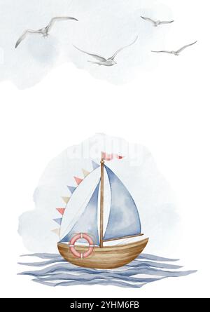 Aquarellschablone mit Segelboot und Vögeln für Babydusche Grußkarten oder kindliche Geburtstagseinladungen. Illustration mit Segelboot in blauen und beigen Pastellfarben. Zeichnung eines Schiffes für Kinder. Stockfoto