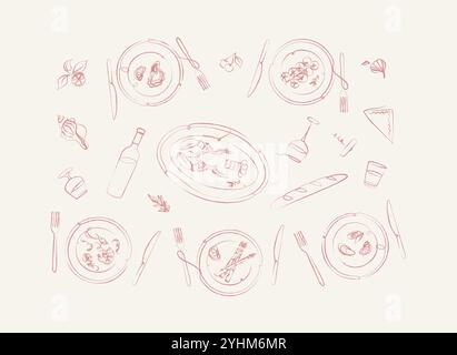 Fischgerichte Sammlung von Austern, Garnelen, Muscheln, Hummer, Spargel, Tomaten mit Gabel und Messer Zeichnung mit rosa auf beigefarbenem Hintergrund Stock Vektor