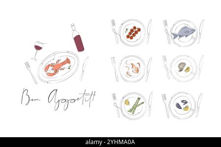 Fischgerichte Sammlung von Austern, Garnelen, Muscheln, Hummer, Spargel, Tomaten mit Gabel, Messer und Inschrift Bonappetit Zeichnung mit Farbe o Stock Vektor