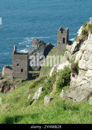 Die helle Herbstsonne beleuchtet die Kronen der Zinnmine am Fuße der Klippen von Botallack in der Nähe von St. Just, West Penwith, Cornwall. Diese sind eng Stockfoto