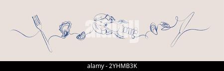 Lineare Silhouette Illustration mit Gabel, Austern, Zitrone, Muschel, Messer Zeichnung mit Blau auf beigem Hintergrund Stock Vektor
