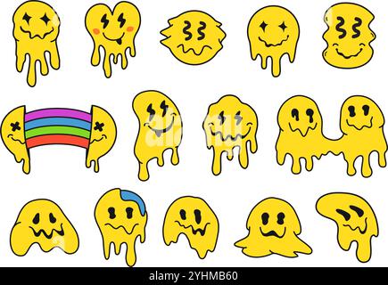 Lächelnde Gesichter. Tropisches, geschmolzenes Emoji-Gesicht, lustiger Blob-Aufkleber und glückliche psychedelische Gesichtsausdrücke. Tropfendes Lächeln in Retro Acid Rave Stock Vektor