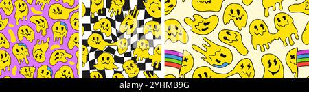 Trippiges Lächeln. Retro psychedelische Emoji Gesichter in Acid Rave oder Y2K Ästhetik, tropfendes geschmolzenes Blob Gesicht und lustige lächelnde nahtlose Muster Vektor Stock Vektor