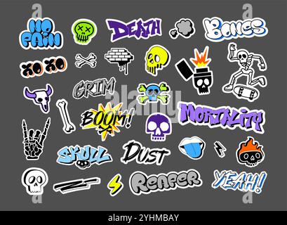 Graffiti-Schädelaufkleber. Street Art Abziehbilder mit Schädeln und Knochen, rebellische Pop Punk Tattoo und handgezeichnete extreme urbane Stil Vektor Illustrationen Stock Vektor