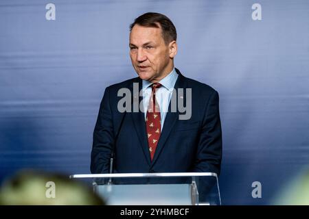 Warschau, Polen. November 2024. Der polnische Außenminister Radoslaw Sikorski spricht während einer Pressekonferenz. Minister Radoslaw Sikorski und der hohe Vertreter der Europäischen Union (EU) Josep Borrell hielten eine Pressekonferenz über die europäische Sicherheit, die Wahlen in den USA und die Lage in der Ukraine ab. Quelle: SOPA Images Limited/Alamy Live News Stockfoto