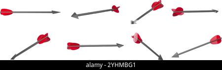 Pfeile zum Schleifen. Scharfer Bogenschießpfeil mit roter Fletching, Pfeilspitze Waffenzeiger verschiedene 3D-Winkel realistische isolierte Vektor-Illustration Sammlung Stock Vektor