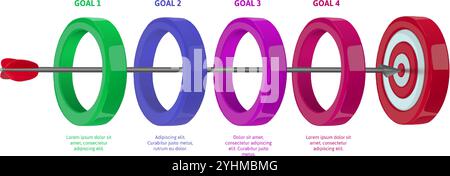 Pfeil hat Ziel-Infografik-Vorlage getroffen. Diagramm der Zielerreichungsschritte mit Bogenschießpfeil, der auf Bullseye und Ringe trifft. Business Concept 3D für den Erfolg Stock Vektor