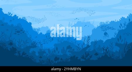 Unterwasser-Silhouette Landschaft. Abstraktes, geschichtetes Korallenriff im blauen Ozean mit Meereslebewesen, Wasserpflanzen, Fischschwärmen und Quallen. Hintergrundvektor Stock Vektor