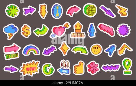 Retro-3D-Cartoon-Aufkleber. Comic-Pfeile, sieh dir hier und da Hinweise an. Lustiges Y2K-Liebesherz, Donner Wolke, Regenbogen, Dollarzeichen, Daumen hoch und Stock Vektor