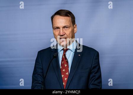 Warschau, Polen. November 2024. Der polnische Außenminister Radoslaw Sikorski spricht während einer Pressekonferenz. Minister Radoslaw Sikorski und der hohe Vertreter der Europäischen Union (EU) Josep Borrell hielten eine Pressekonferenz über die europäische Sicherheit, die Wahlen in den USA und die Lage in der Ukraine ab. (Foto: Marek Antoni Iwanczuk/SOPA Images/SIPA USA) Credit: SIPA USA/Alamy Live News Stockfoto