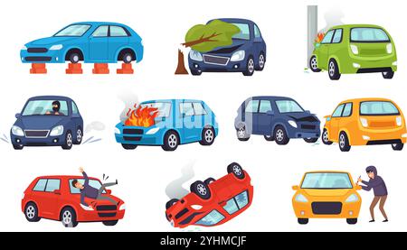 Fahrzeugrisiken. Kfz-Versicherung bei Verkehrsunfällen, Fußgänger-Treffer, Fahrzeugdiebstahl, Überrollen und Fahrzeugschäden. Verkehrsunfälle und zerstörte Fahrzeuge Stock Vektor