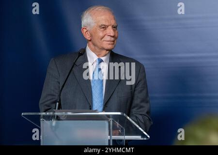 Warschau, Polen. November 2024. Der hohe Vertreter der EU, Josep Borrell, spricht während einer Pressekonferenz. Minister Radoslaw Sikorski und der hohe Vertreter der Europäischen Union (EU) Josep Borrell hielten eine Pressekonferenz über die europäische Sicherheit, die Wahlen in den USA und die Lage in der Ukraine ab. (Foto: Marek Antoni Iwanczuk/SOPA Images/SIPA USA) Credit: SIPA USA/Alamy Live News Stockfoto