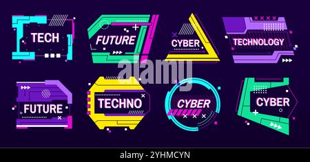 Cyber-Bannerrahmen. Futuristische Vorlagen für Tech-Labels und Sci fi-Textfelder mit funkelndem digitalen Rahmen für Design im Techno- oder Gaming-Stil. Geometrisch Stock Vektor