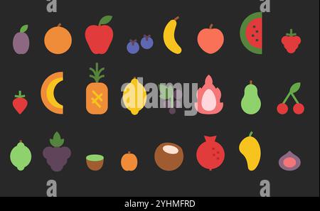 Minimalistische Früchte und Beeren. Ikonen aus frischem Obst für gesunde Lebensmittel, natürliche Desserts und Lebensmittelladen. Einfache geometrische flache Vektorsymbole festgelegt Stock Vektor