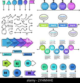 Infografik-Elemente mit Pfeilen. Schritt-für-Schritt-Anleitung, Zeitachsen- und Prozessdiagrammvorlagen und Grafiken mit Pfeilen, nummerierten Optionen und Pointer-Vektor Stock Vektor