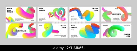 Moderne Banner-Vorlagen für Verlaufslinien. Kreatives Layout mit farbenfrohen, fließenden Linienformen. Glatte 3D-Verlaufskurven Kartendesign mit abstrakten Formen Stock Vektor