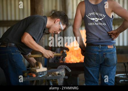 Junger Schmied, der an der Herstellung von Hufeisen arbeitet, mit Schmiedefeuer im Hintergrund Stockfoto