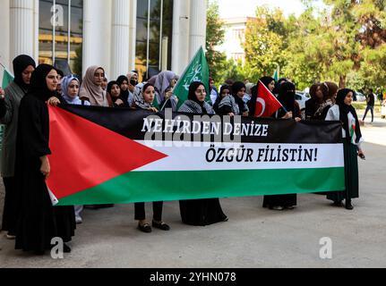 Gaziantep, Turkiye. Oktober 2024. Eine große palästinensische Flagge wird von Studenten der Gaziantep Universität für Islamische Wissenschaften und Technologie während eines Protestes getragen, um an das einjährige Zeichen des israelischen Krieges im Gazastreifen zu erinnern. Der Krieg wurde von israelischen Truppen am selben Tag des Angriffs der Hamas auf die Al-Aqsa-Flut in Israel am 7. Oktober 2023 gestartet. Die Studenten in der südtürkischen Stadt Gaziantep schwenkten eine große Anzahl palästinensischer Flaggen und Banner, die ein Ende des Krieges in Gaza und der israelischen Besetzung Palästinas forderten, und forderten gleichzeitig den Boykott von Unternehmen, die Israel unterstützen Stockfoto