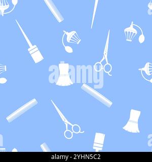 Vektor-Silhouetten von Friseurzubehör isoliert auf blauem Hintergrund. Friseurwerkzeug. Schere, Kamm, Haarbürste für Friseur Stock Vektor