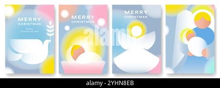 4 Weihnachtsgrußkarten. Christliche Krippe mit traditionellen Symbolen der Heiligen Nacht. Luftige, winterliche Farben. Stock Vektor