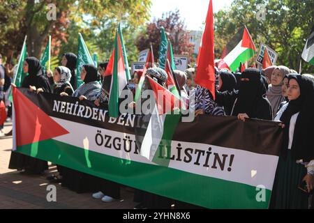 Gaziantep, Turkiye. Oktober 2024. Mehrere palästinensische Flaggen werden während eines Protestes von Studenten der Gaziantep Universität für Islamische Wissenschaften und Technologie geweht, um an das einjährige Zeichen des israelischen Krieges im Gazastreifen zu erinnern. Der Krieg wurde von israelischen Truppen am selben Tag des Al-Aqsa-Hochwasserangriffs der Hamas am 7. Oktober 2023 in Israel eingeleitet. Die Studenten in der südtürkischen Stadt Gaziantep trugen Banner, die ein Ende des Krieges gegen Gaza und die israelische Besetzung Palästinas forderten, und forderten gleichzeitig den Boykott von Unternehmen, die Israel unterstützen Stockfoto