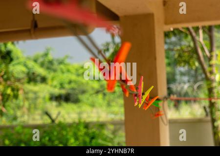 Leuchtende Kleiderschränke hängen an einer Linie, eine einfache, aber fröhliche Szene vor einem verschwommenen grünen Hintergrund. Stockfoto