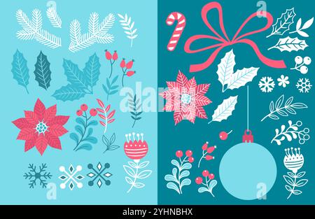 Weihnachten und Winter Kollektion mit Elementen und Designs. Weihnachtsstern, Blätter, Zweige, Beeren, stechpalme, Band. Botanische Weihnachtselemente für Stock Vektor