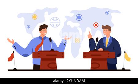 Debatten, Treffen internationaler Führer auf der Weltkarte. Politiker, Diplomaten und Redner auf Podiumsplätzen mit Mikrofonen und Fahnen sprechen auf Konfliktpunkte-Vektor-Illustration Stock Vektor