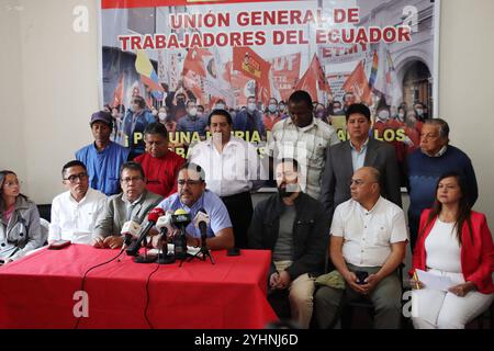 FUT KÜNDIGT MOBILISIERUNGEN AN Quito, Dienstag, 12. November 2024 Unitary Front of Workers and Social Movement, kündigt Mobilisierungen gegen die Politik der nationalen Regierung an, zusätzlich zu ihrer Unterstützung für David Almeida von den Ölarbeitern Nelson Erazo, JosÃ Villavicencio Photos API Rolando Enriquez Quito Pichincha Ecuador POL FUT KÜNDIGT MOBILISIERUNGEN 538ee81d1358db528c84784f9xLANDB528c84f9b9b59b5xND1 AN Stockfoto