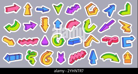 3D-Sticker-Pfeile für Retro-Graffiti. Farbenfrohe Richtungssymbole, geschwungene, gerade, Zickzack- und kreisförmige Pfeile für nächste, Schleife, zurück, Wende Stock Vektor
