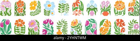 Abstrakter Blumenbogen. Handgezeichnete botanische Blumen, groovige Pflanzen mit blühender Blume, wellige Blätter und dekorative Vasen. Verspielter Retro-Frühling Stock Vektor