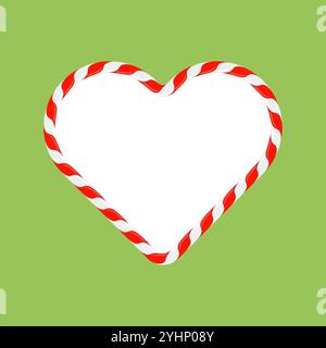 Vektor-Weihnachtsbonbon-Herzrahmen mit roten und weißen Streifen auf grünem Hintergrund. Weihnachtsrand. Das süße Herz ist Symbol der Liebe Stock Vektor