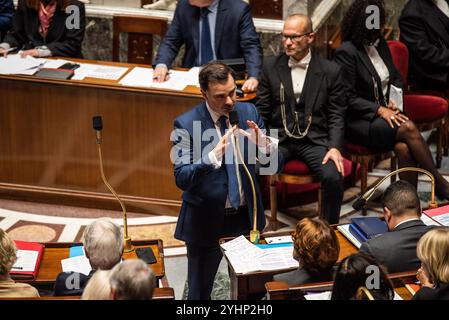 FRANKREICH-POLITIK-REGIERUNG-PARLAMENT Laurent Saint-Martin, beigeordneter Minister des Premierministers, zuständig für Haushalt und öffentliche Finanzen, während der Fragestunde an die Regierung. Am 12. November 2024 In Paris. PARIS ILE-DE-FRANCE FRANKREICH URHEBERRECHT: XANDREAXSAVORANIXNERIX FRANCE-POLITICS-GOVERNMENT-PARLI ASAVORANINERI-14 Stockfoto