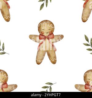 Nahtloses Muster Aquarell Lebkuchenmann im Neujahrszweig. Weihnachtsillustration isoliert auf transparentem Hintergrund für Textil, Stoff, Verpackung Stockfoto