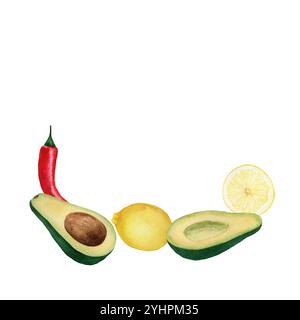 Quadratische Komposition mit rotem Pfeffer, Avocado und Zitrone. Handgezeichnete Aquarellillustration auf weißem Hintergrund für Postkarten, Karten, Einladungen, Texti Stockfoto