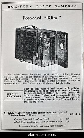 Die Fähnchenbox Form Plate Camera Postkarte „Klito“, Vintage-Werbung von 1916. Ensign war in den 1920er und 1930er Jahren der größte Kamerahersteller Großbritanniens Stockfoto