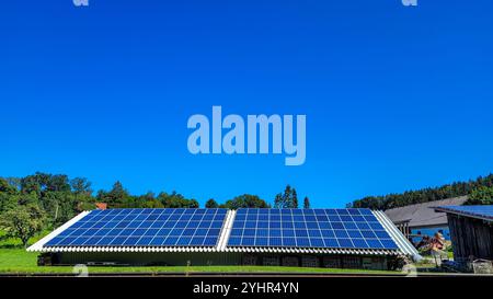 Viele Photovoltaikpaneele auf dem Dach des Landwirtschaftsgebäudes. Im Hintergrund - die Gipfel der Bäume und der blaue Himmel. Autonome Stromversorgung. Stockfoto