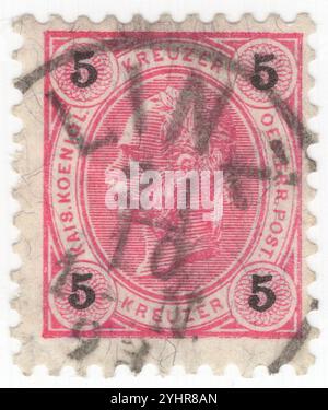 ÖSTERREICH — 01. September 1890: 5 Kreuzrosen-Briefmarke mit geprägtem Porträt des österreichischen Kaisers Franz Josef. Franz Joseph I. oder Franz Joseph I. war vom 2. Dezember 1848 bis zu seinem Tod am 21. November 1916 Kaiser von Österreich, König von Ungarn und den anderen staaten der Habsburgermonarchie. Zu Beginn seiner Regierungszeit wurden seine Reiche und Gebiete als Österreichisches Reich bezeichnet, wurden aber 1867 als Doppelmonarchie des Österreichisch-Ungarischen Reiches wiederaufgebaut. Vom 1. Mai 1850 bis zum 24. August 1866 war Franz Joseph auch Präsident des Deutschen Bundes Stockfoto