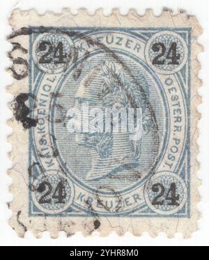 ÖSTERREICH — 01. September 1890: 24 Kreuzkreuzer grau-blaue Briefmarke mit geprägtem Porträt des österreichischen Kaisers Franz Josef. Franz Joseph I. oder Franz Joseph I. war vom 2. Dezember 1848 bis zu seinem Tod am 21. November 1916 Kaiser von Österreich, König von Ungarn und den anderen staaten der Habsburgermonarchie. Zu Beginn seiner Regierungszeit wurden seine Reiche und Gebiete als Österreichisches Reich bezeichnet, wurden aber 1867 als Doppelmonarchie des Österreichisch-Ungarischen Reiches wiederaufgebaut. Vom 1. Mai 1850 bis zum 24. August 1866 war Franz Joseph auch Präsident des Deutschen Bundes Stockfoto