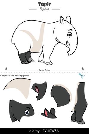 Spiel für Kinder mit Tapir schneiden und einfügen Stock Vektor