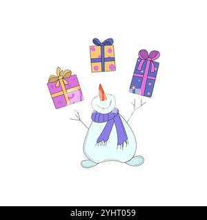 Glücklicher Schneemann und Geschenkboxen. Winterferien Grußkarten, Banner, Poster. Illustration des Kritzelvektors. Stock Vektor