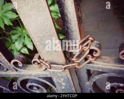 Rostige Kette Schloss am schmiedeeisernen Gartentor Stockfoto