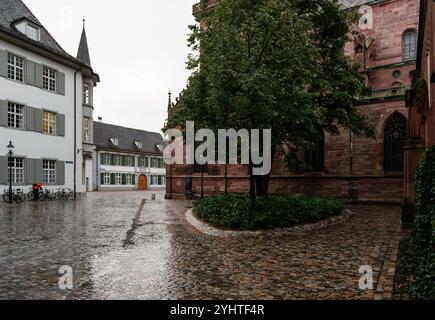 Seite des Basler Münsters - Blick von der Rittergasse. Gotische Backsteinkirche in der Altstadt. Stockfoto