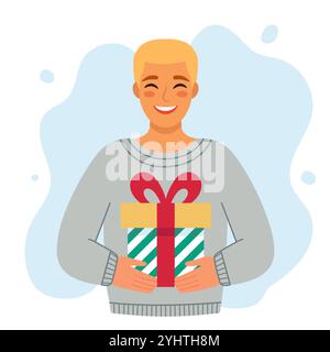 Junger blonder Mann, der ein Geschenk hält. Weihnachtsdesign. Einfache flache Vektor-Illustration. Stock Vektor