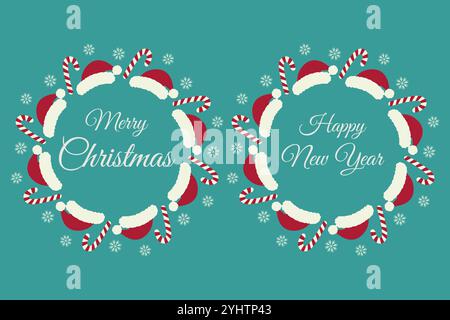 Heiraten Sie Weihnachten und Happy New Year mit den Buchstaben Circle Frame Border Santa Caps, Süßigkeiten und Inschrift. 2er Set isoliert auf smaragdgrünen Vektor-Illustration Grußkarten, Poster, Faltblatt, Tag oder Web-Promo Stock Vektor