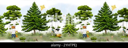 Kleiner Dachs mit einem Flugzeug unter dem Baum. Digitale Illustration mit Aquarell. Das Fuchsjunge schläft unter dem Baum. Kiefern- und Tannenbäume isoliert auf weißem Ba Stockfoto
