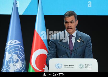 Baku, Aserbaidschan. November 2024. Pedro Sánchez Pérez-Castejón, Präsident der spanischen Regierung, spricht während des ersten Teils des hochrangigen Segments der Klimakonferenz der Vereinten Nationen im Plenarsaal von Nizami während der COP29, einer Veranstaltung des UNFCCC im Olympiastadion von Baku. Die COP29, die ab November 11-22 läuft, konzentriert sich auf die Ermittlung von CO2-Ausgleichsmaßnahmen für saubere Energie. Quelle: SOPA Images Limited/Alamy Live News Stockfoto